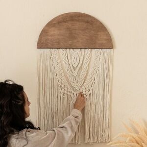 Handcrafted wooden macrame half moon wall hanging. 20”W x 35” L